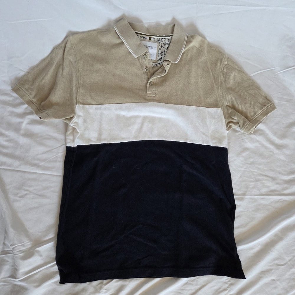 Denim & Flower Color Block Polo in Tan, White, and Navy
